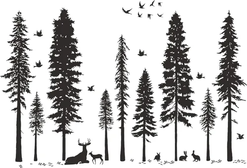 Vista 7 de Vinilo adhesivo de pared de pino, 9 árboles, ciervos, pájaros, conejos, bosques y naturaleza, removible de vinilo negro de alta calidad para niños