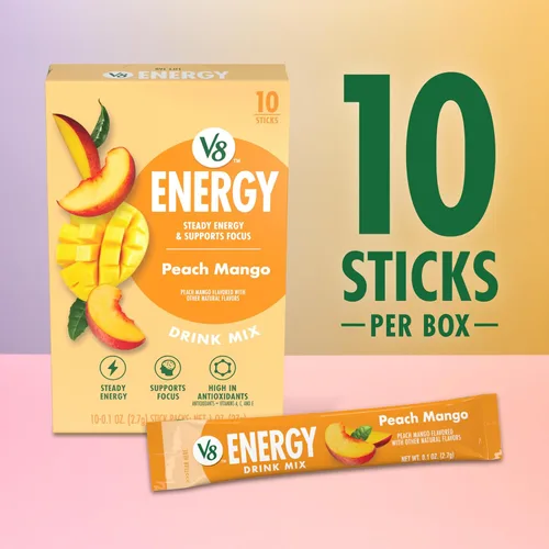 Vista 3 de V8 Energy Peach Mango - Bebida energética en polvo, paquete de 0.10 onzas (10 unidades)