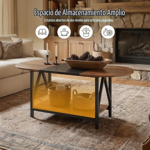 Vista 7 de HOOBRO Mesa auxiliar para sala de estar, mesa de centro ovalada de 2 niveles, mesa central Industrail con estante abierto, para espacio pequeño