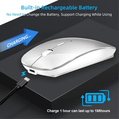 Vista 6 de Mouse inalámbrico para portátil Cpmputer, mouse Bluetooth para MacBook, color plateado Rechargeale Dual Mode (USB 2.4Ghz + Bluetooth 5.2) Ratones