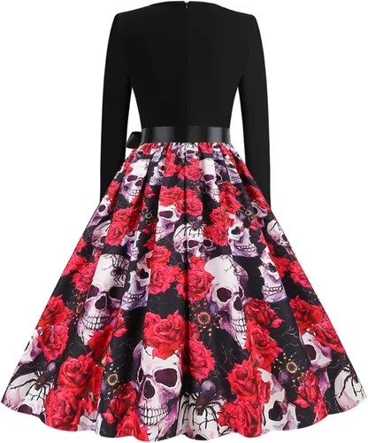Vista 4 de Vestido de Halloween para mujer casual con cuello en V con cremallera manga larga con panel