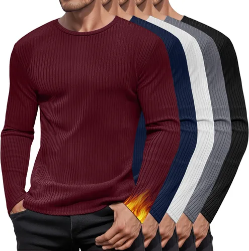 Vista 6 de Paquete de 5 camisas térmicas de algodón para hombre, manga larga, acanaladas, cuello redondo, ajustadas, suéter casual