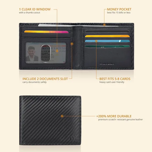 Vista 34 de Cartera delgada de cuero para hombre, bloqueo RFID, bolsillo frontal minimalista, delgada y elegante con ventana de identificación, regalo