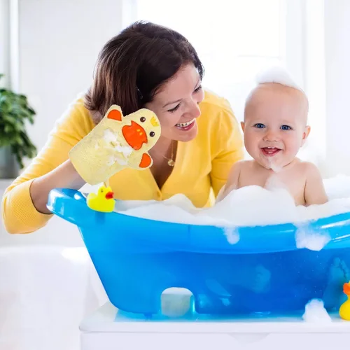 Vista 6 de Shappy 4 piezas de guantes de baño para bebé, guantes de panda para niños, toallas suaves para niños, diseñados en lindo animal, pato amarillo