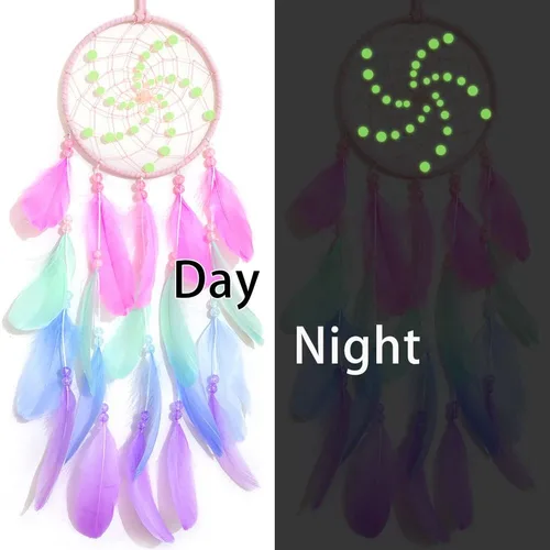 Vista 2 de Atrapasueños luminosos para niñas, decoración de pared nativa de plumas rosadas hechas a mano