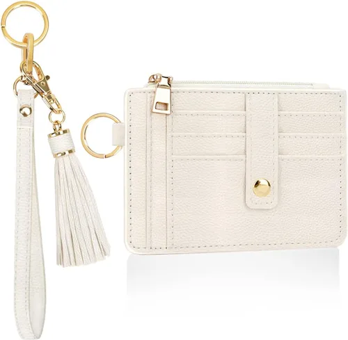 Vista 7 de Cartera con llavero de pulsera, cartera de cuero con correa de pulsera, bolsillo delgado RFID para tarjetas de crédito con cordón, Negro -, Plegable