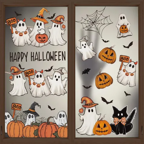 Vista 9 de Horaldaily 40 calcomanías de Halloween para ventana, Jack-O-Lantern, calabaza, camión, gnomo, fantasma, murciélagos, gatos, suministros de fiesta