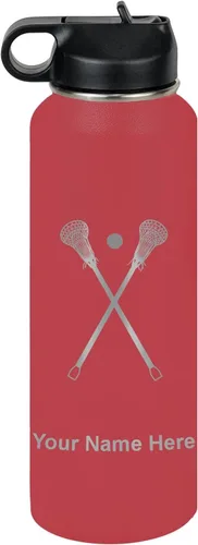 Vista 10 de LaserGram Botella de agua personalizada, palitos de lacrosse, acero inoxidable de doble pared aislada al vacío con popote superior, regalo grabado