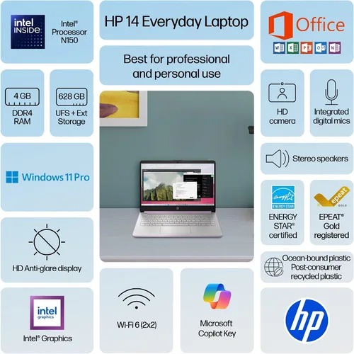 Vista 2 de HP Computadora portátil ultraportátil de 14 pulgadas 2026 Student Business, MS Office, Copilot AI, CPU Intel de 4 núcleos, 4 GB de RAM, 628 GB