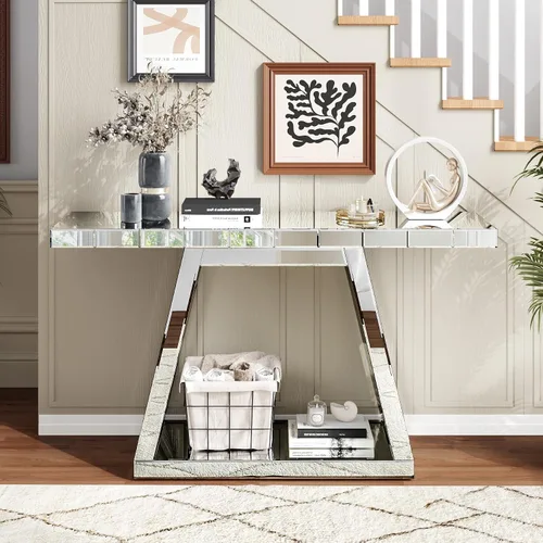 Vista 11 de Henf Escritorio de tocador con espejo para dormitorio, mesa de tocador de maquillaje, mesa de sofá con 2 cajones de diamantes sintéticos, moderno