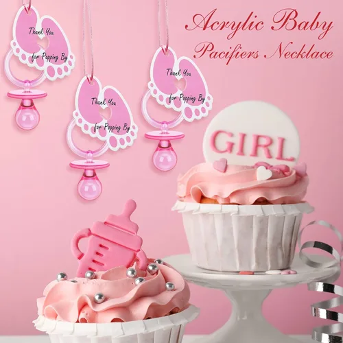 Vista 5 de Tondiamo 24 chupetes acrílicos para bebé, collar con etiquetas de pie, chupetes rosados, chupetes para recién nacidos, baby shower, lindos chupetes