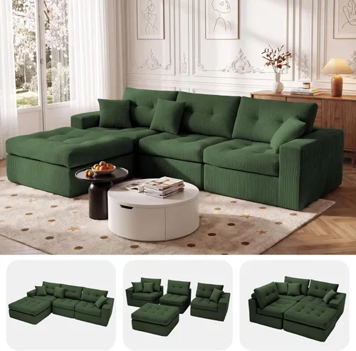 Vista 21 de Sofá modular en forma de L de 114 pulgadas con diván, sofá de pana sin hueso con otomana móvil, sofás de asiento profundo para sala de estar, sin