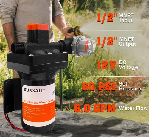 Vista 5 de [Versión mejorada] Bomba de agua de diafragma autocebante de 12 V CC, 30-70 PSI ajustable continuamente, flujo de agua de 6.0 GPM, bomba de agua