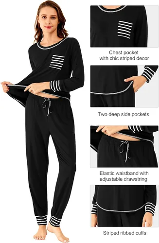 Vista 3 de WiWi Conjunto de pijama de viscosa de bambú para mujer, ropa de dormir de manga larga, suave, ropa de descanso, pantalones deportivos, conjuntos