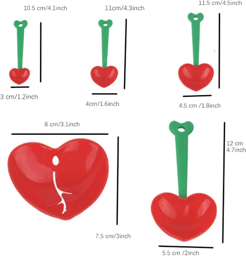 Vista 2 de Cucharas medidoras de cereza, 2 cucharaditas medidoras de plástico con forma de corazón, juego de cucharas medidoras de plástico para líquidos