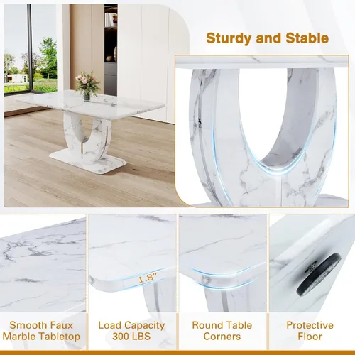 Vista 4 de Moderno juego de mesa de comedor de mármol sintético para 4, mesa de cocina rectangular blanca de 63 pulgadas con elegante base de pedestal