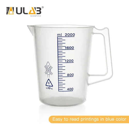 Vista 4 de ULAB Vasos de precipitados científicos, vasos de plástico con mango, con graduación azul impresa, vol.67.6 fl oz (68oz), UBP1018