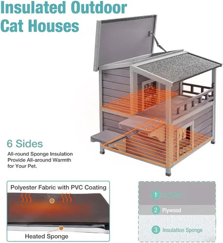 Vista 3 de Casa climatizada para gatos al aire libre, refugio aislado resistente a la intemperie de 2 pisos para invierno, almohadilla lavable desmontable
