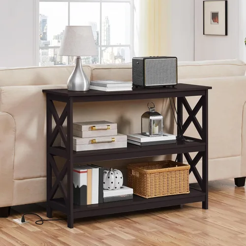 Vista 5 de Yaheetech Mesa consola con toma de corriente, mesa de sofá estrecha de 3 niveles con estantes de almacenamiento, mesa auxiliar de entrada de madera
