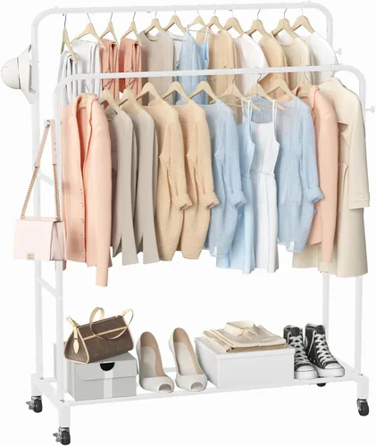 Vista 8 de Sooyee Perchero de doble barra con ruedas, perchero de 3 niveles para colgar ropa, perchero portátil con 4 ganchos para dormitorio, cuarto de Negro