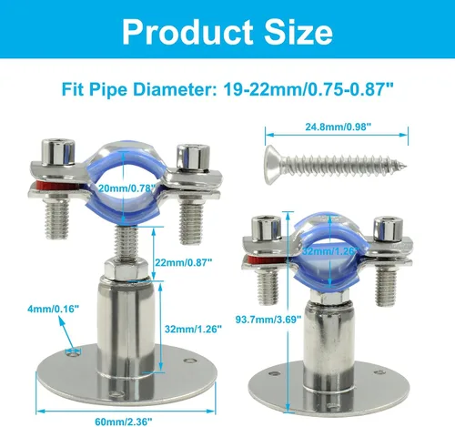 Vista 2 de 2 soportes de tubo de montaje en pared de acero inoxidable 304, adecuados para tubos OD de 1/2 pulgadas (0.748-0.866 in), altura ajustable