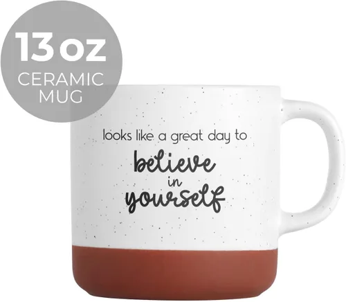 Vista 2 de Canopy Street Taza de café de cerámica moteada de 13 onzas con texto en inglés «Looks Like A Great Day To Believe In Yourself», taza de café