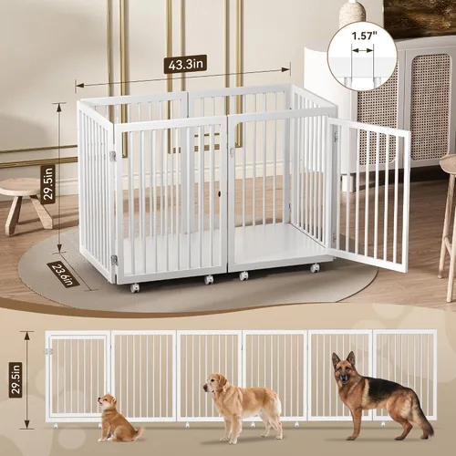 Vista 6 de SLSY Corralito transformable 6 en 1 para perros con 2 tablas base de madera, valla de metal resistente de 30 pulgadas con puerta, corral