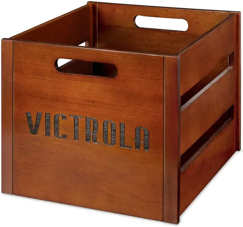 Vista 5 de Victrola Soporte de madera para centros de música de madera con estante para discos, caja de discos de madera de caoba y Victrola