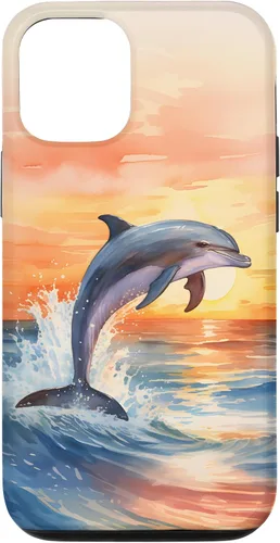 Vista 28 de Dolphin Jumping Sunset Over Ocean Watercolor Art Case for iPhone 17