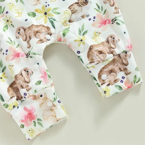 Vista 6 de Traje de Pascua para bebé, niña, niño, estampado de conejo, overol con tirantes a presión, ropa de verano