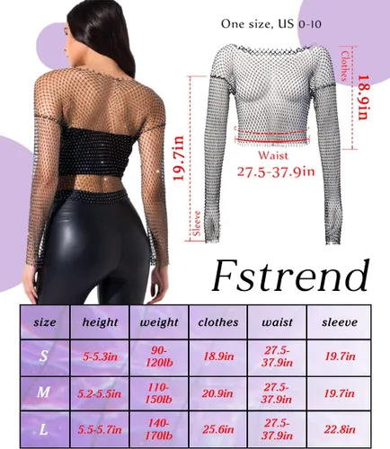 Vista 3 de Fstrend Cadena de malla de cristal con diamantes de imitación, parte superior corta negra, manga larga, bikini transparente, A