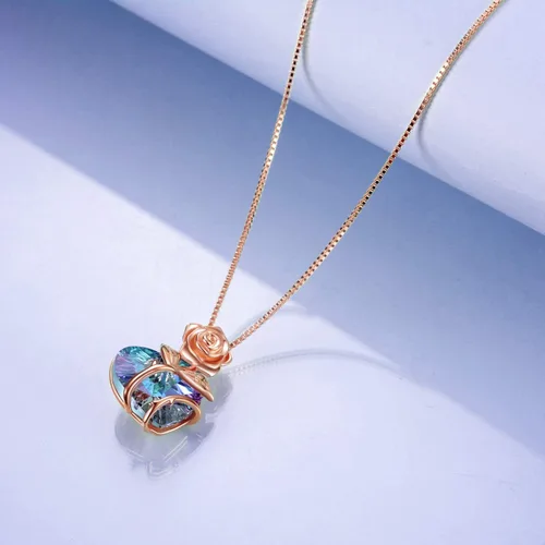 Vista 3 de AOBOCO Collar de plata de ley con forma de corazón y flor de rosa adornado con cristales de Austria, regalo de joyería de rosas de cumpleaños
