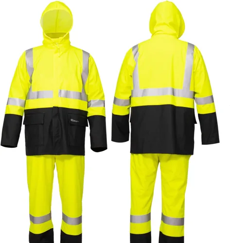 Vista 2 de HAOKAISEN Traje de lluvia para hombre, resistente al agua, alta visibilidad, reflectante, chaqueta de lluvia con pantalones de babero