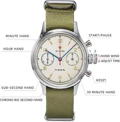 Vista 5 de Retro-Chronograph 1963 Original ST1901 Movement Men Mechanical Watch Hand Winding Sapphire & Acrylic Mirror Pilot Wristwatch