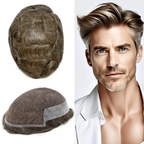 Vista 34 de Mens Toupee Remy Human Hair System For Men Bleached Knot Toupee Hair Piece For Men French Lace Toupee For Men Hairpiece 8X10#17 Dark Ash Blonde 90%