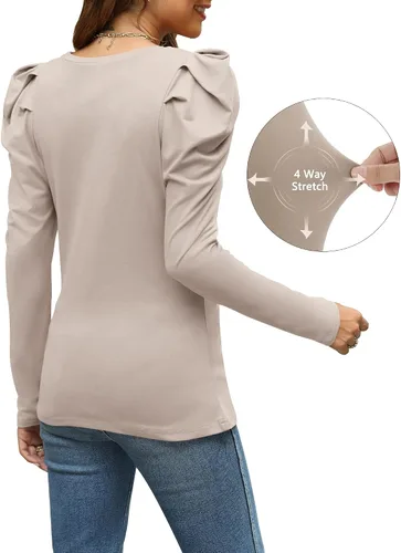 Vista 2 de Blusas casuales de manga larga abombadas para mujer, cuello redondo, ajustadas