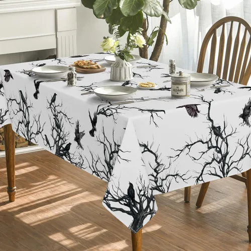 Vista 3 de Horaldaily Mantel rectangular de Halloween de 52 x 70 pulgadas, diseño de cuervo, lavable, para fiesta, picnic, cena, decoración