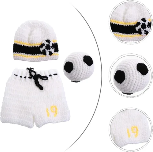 Vista 9 de NUOBESTY - Juego de 3 piezas de accesorios de fotografía para bebés recién nacidos de fútbol, ganchillo, traje para bebé, deporte, fiesta temática