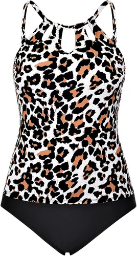 Vista 3 de Hilor Traje de baño tankini para mujer, cuello alto, dos piezas, traje de baño con agujero de cerradura, tankini con pantalones cortos