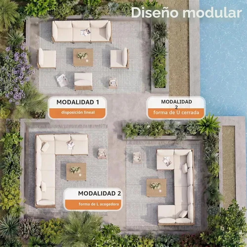 Vista 9 de Aoxun Juego de muebles de patio de 7 piezas con mesa auxiliar, color beige Muebles de mimbre para exteriores con cojines gruesos resistentes al