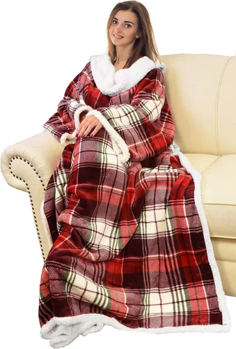 Vista 25 de Catalonia - Manta de forro polar tipo sherpa con mangas, súper suave, cálida y cómoda, de gran tamaño, de forro polar y microplush, con mangas