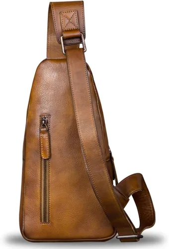 Vista 3 de Bolso bandolera de cuero genuino para hombre, hombro en el pecho, mochila de senderismo vintage hecha a mano, Marrón, senderismo