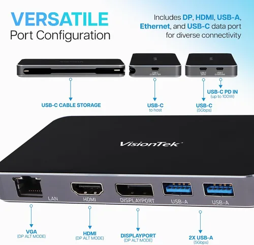 Vista 6 de VisionTek VT350 Hub portátil USB-C para monitor dual, 1 DP, 1 HDMI, 2 USB-A, 1 Ethernet, 1 USB-C para Windows/MacOS/ChromeOS/iOS Dual Display via