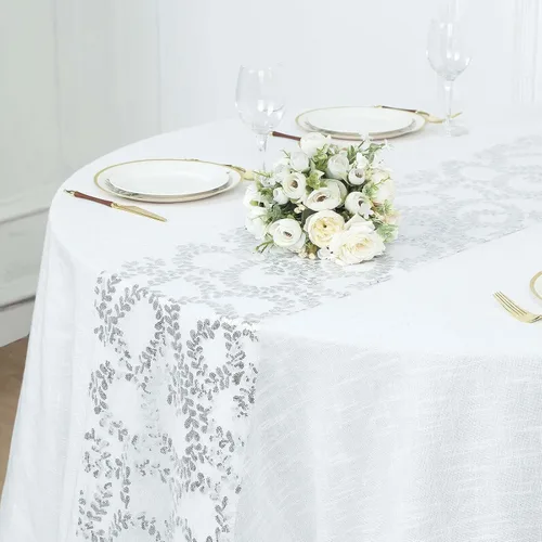 Vista 11 de Efavormart - Superposición de mesa de tul bordado de hojas de lentejuelas plateadas de 72 x 72 pulgadas, mantel cuadrado transparente Plateado
