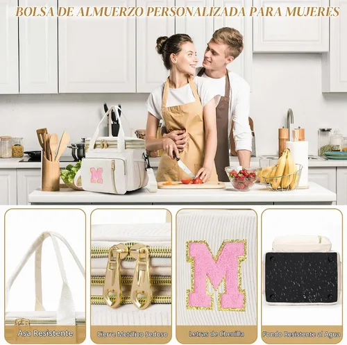 Vista 5 de Lonchera personalizada con inicial para mujer, bolsa de almuerzo grande con aislamiento térmico expandible de doble cubierta con correa