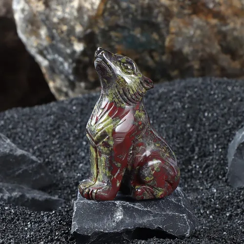 Vista 4 de Artistone Estatua de lobo de cristal de 2.0 pulgadas, piedra de sangre de dragón anhelada a mano, escultura de animal, piedra curativa