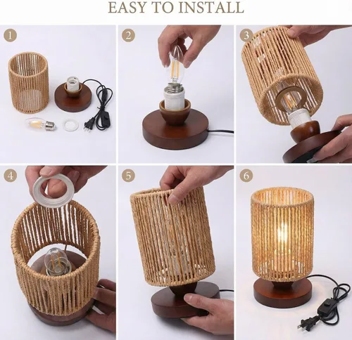 Vista 4 de Lámpara de mesa pequeña de ratán para dormitorio, lámpara de noche bohemia con bombilla LED cálida, lámpara de mesita de noche de mimbre tejida a
