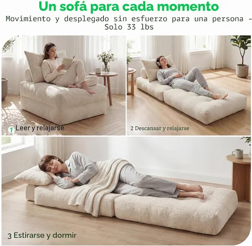 Vista 3 de MONVANE Sofá cama plegable 3 en 1, silla convertible cama, color beige
