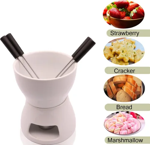 Vista 2 de Juego de ollas de fondue con 4 tenedores de cerámica calentador de mantequilla, juego de té de alta calidad, olla de fusión de porcelana