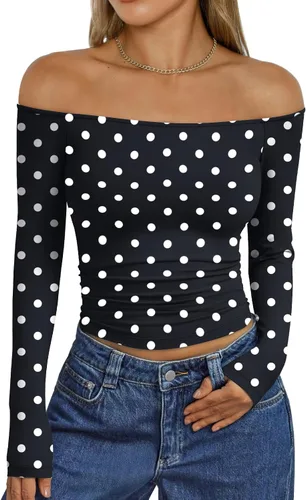 Vista 24 de Trendy Queen Camisetas básicas sexy para mujer con hombros descubiertos Azul